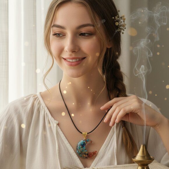 🆕️Mystical Boho-Chic Crescent Moon Trendy Pendant Gemstone Healing Necklace 🌟 - Picture 3 of 13